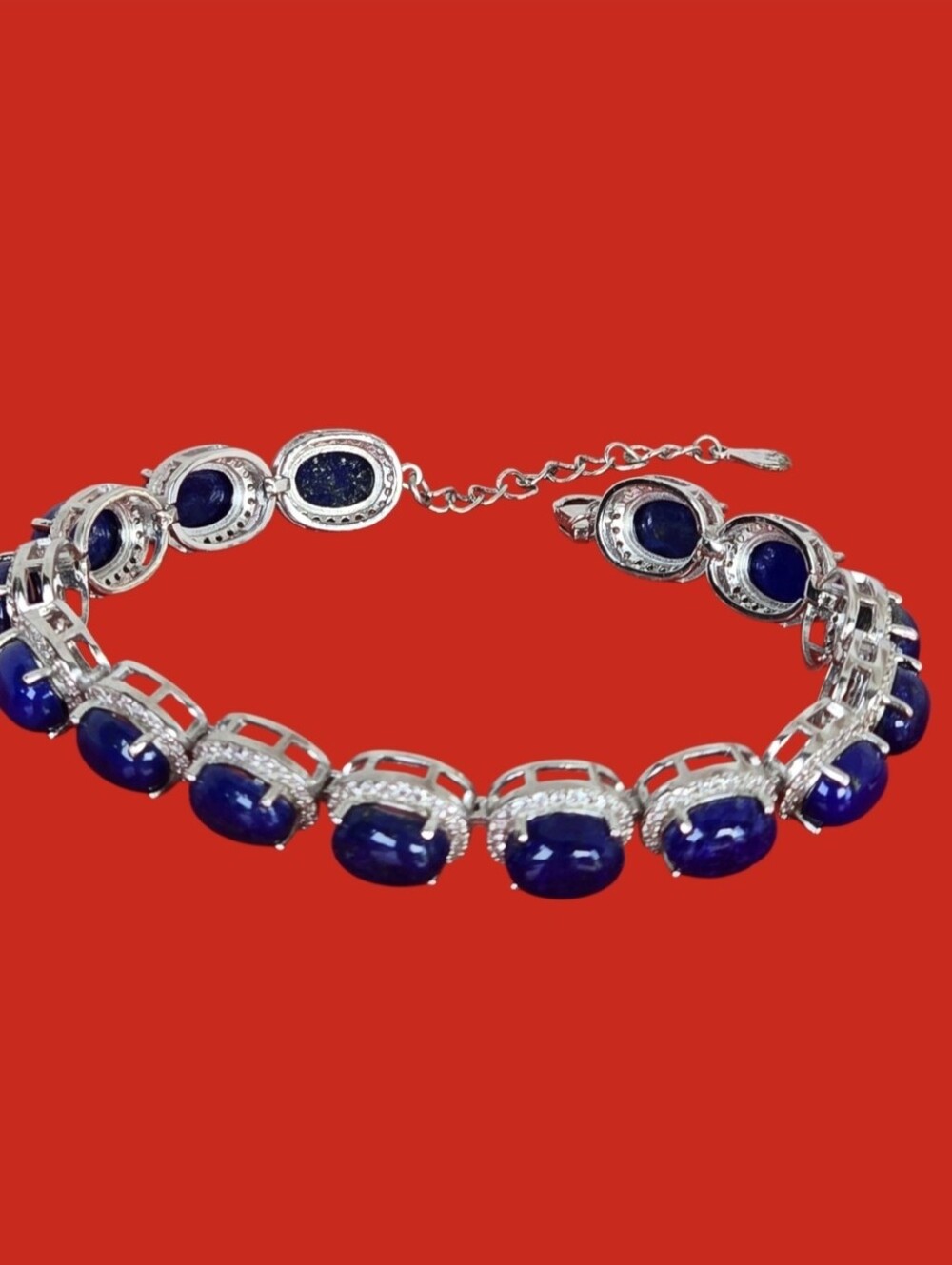 925 Sterling Silver Adjustable Bracelet 7.5" With Natural Lapis Lazuli & CZ